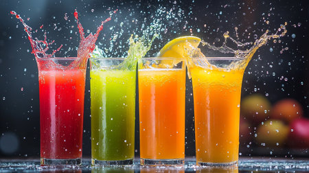 Fruit juices splashing from glass on dark background, closeupの写真素材