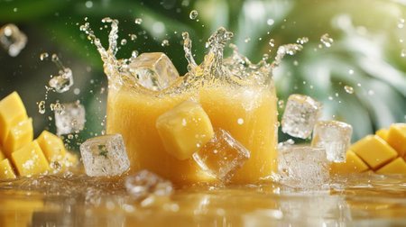 Mango juice splashing out of glass with ice cubes on green backgroundの素材
