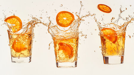 Cocktail with orange splashing out of glass on white backgroundの写真素材