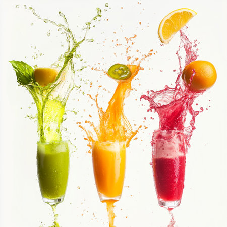 Colorful fruit juice splashing out of glass isolated on white backgroundの写真素材