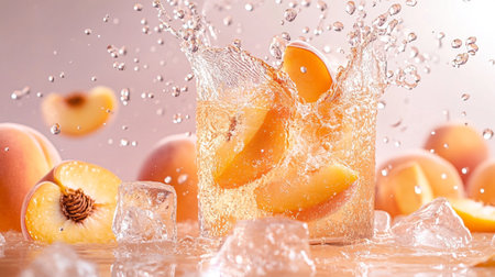 Splash of fresh apricots with ice cubes on light backgroundの写真素材