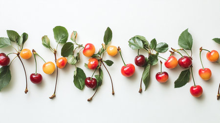 Cherries on a white background. Flat lay, top view.の写真素材