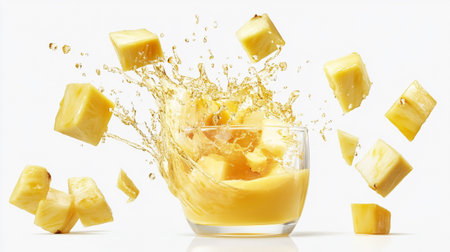 Pineapple juice splashing into a glass isolated on white backgroundの写真素材