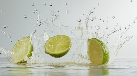 Lime slices with water splash on white background. Shallow dof.の写真素材