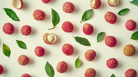 Fresh lychees on white background. Flat lay, top viewの写真素材