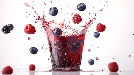 Fruit splashing into a glass of fresh juice with blueberries and raspberriesの写真素材
