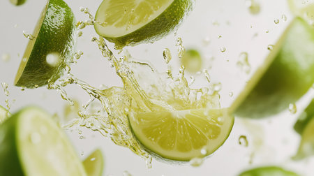 Lime slices with water splash on white background, close up.の写真素材