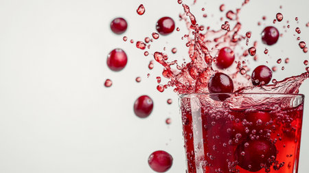 Cherry juice splashing into a glass with berries on a white backgroundの写真素材