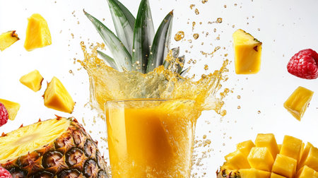 Pineapple juice splashing out of a glass with fresh fruitsの写真素材