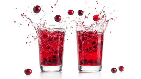 Cranberry juice splashing out of glass isolated on white backgroundの写真素材
