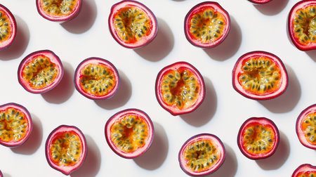 Passion fruit pattern on white background. Flat lay, top viewの写真素材