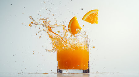 Orange juice splashing into a glass on a white backgroundの写真素材