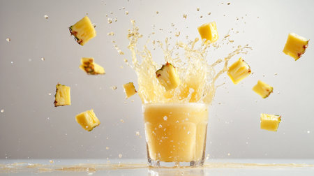 Pineapple juice splashing out of a glass on a white backgroundの写真素材