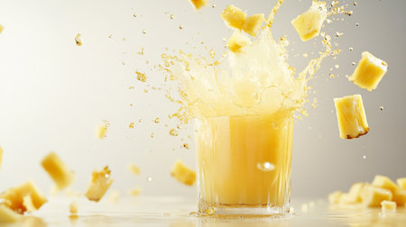 splash of juice in a glass with pineapple on a white backgroundの写真素材
