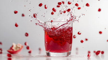 pomegranate juice splashing into a glass on a white backgroundの写真素材
