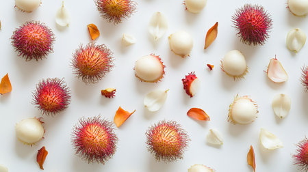 Fresh rambutan fruit and rose petals on white background.の写真素材