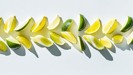 Slices of lime and limes on a white background.の写真素材