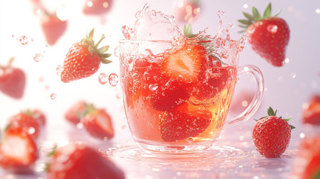 Strawberry juice with fresh berries on white background. 3d illustrationの素材