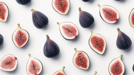 top view of fresh ripe figs on white background, flat layの写真素材