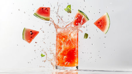 Watermelon cocktail with splashes and drops of water on white backgroundの写真素材