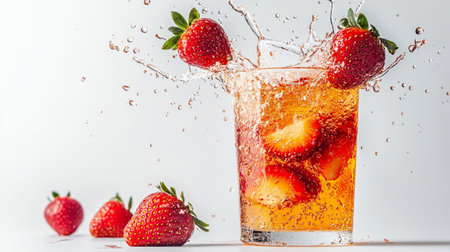 Strawberry mojito with ice cubes and splash on white backgroundの写真素材