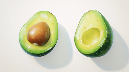 Avocado cut in half on a white background. Top view.の写真素材