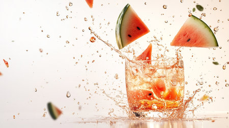 Watermelon splashes in a glass of whiskey with ice cubes on a white backgroundの写真素材