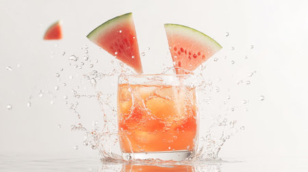 watermelon juice splashing in glass with ice cubes on white backgroundの写真素材