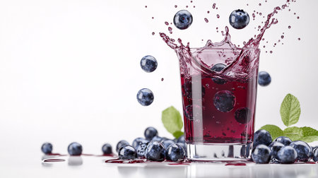 Blueberry juice splashing out of glass with fresh berries on white backgroundの写真素材