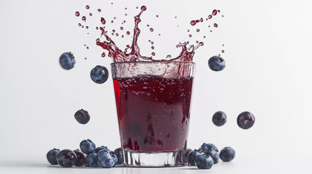 Fresh blueberry juice splash in glass with berries on white background.の写真素材