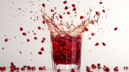 pomegranate juice splashing out of glass on white backgroundの写真素材