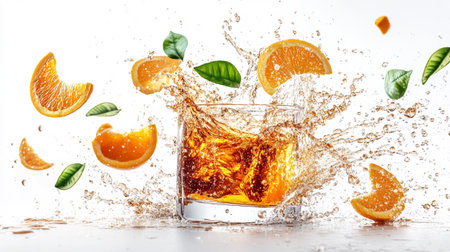 Whiskey with ice cubes, splashes and slices of orange on white backgroundの写真素材