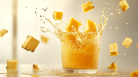 Pineapple juice splashing into glass on light background, closeupの写真素材