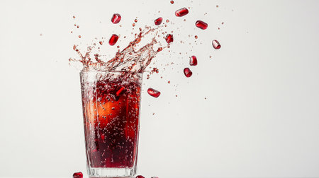 pomegranate juice splashing out of glass on white backgroundの写真素材