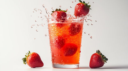Strawberry cocktail with ice cubes and water splash on white backgroundの写真素材