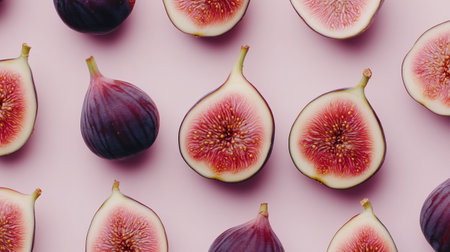 top view of fresh figs on pink background with copy space, patternの写真素材
