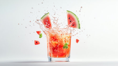 Watermelon juice splashing into glass with splashes on white backgroundの写真素材