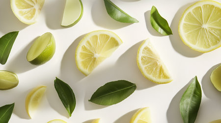 Lemon and lime slices with green leaves on white background. Flat lay, top viewの写真素材