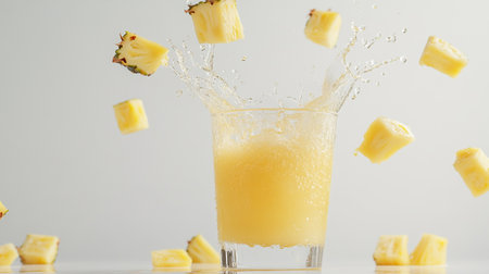 Pineapple juice splashing out of a glass on white backgroundの写真素材
