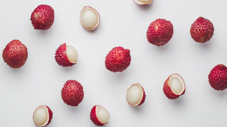 Fresh lychee on white background. Top view, flat layの写真素材