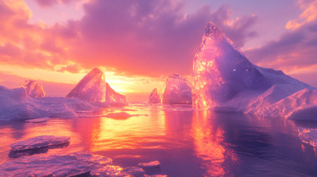 Icebergs in the lake at sunset. 3D illustration.の写真素材