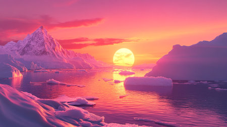 Fantasy landscape with icebergs at sunset. 3D illustration.の写真素材