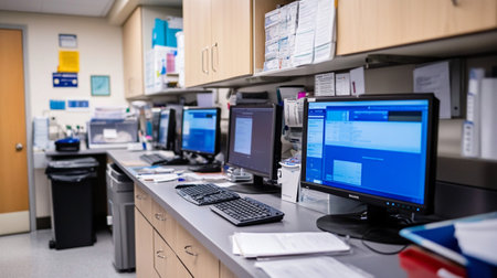 Modern computer lab with computers and electronic devices in a scientific research laboratoryの写真素材