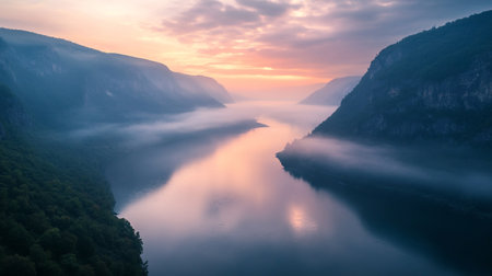 Foggy morning in Geirangerfjord, Norwayの写真素材