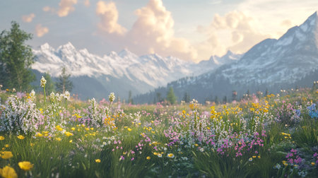 Wildflowers blooming in alpine meadow in front of snowy mountainsの写真素材