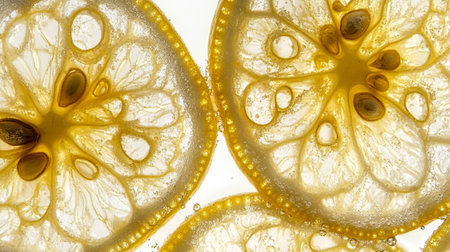 Slices of lemon in water with bubbles on a white backgroundの写真素材