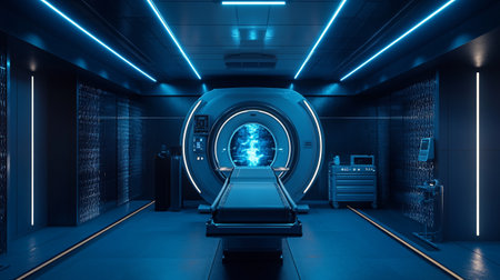 3D rendering of a medical room with a CT scanner machine.の写真素材