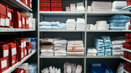 Interior of a shop with towels and other household items on shelvesの写真素材