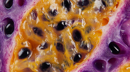Passion fruit close up as a background. Macro photography of passion fruit.の写真素材