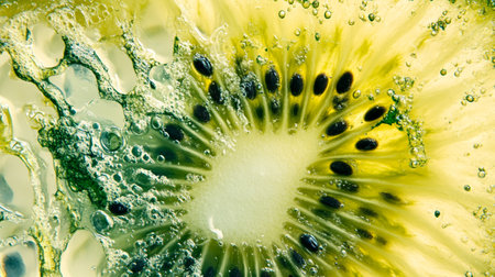 Kiwi fruit in water with bubbles, close up, macroの写真素材
